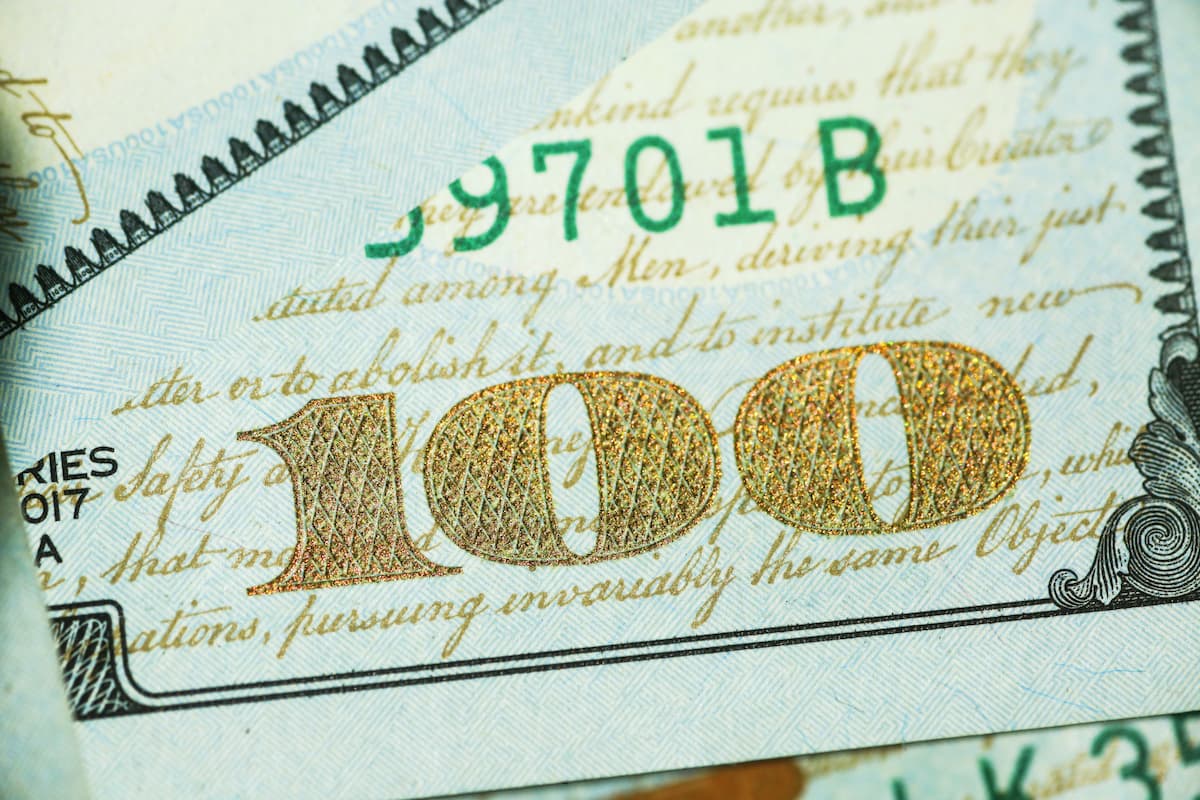 Close-up of a hundred dollar bill.