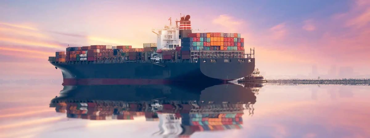 Cargo ship with containers at sunset on water.