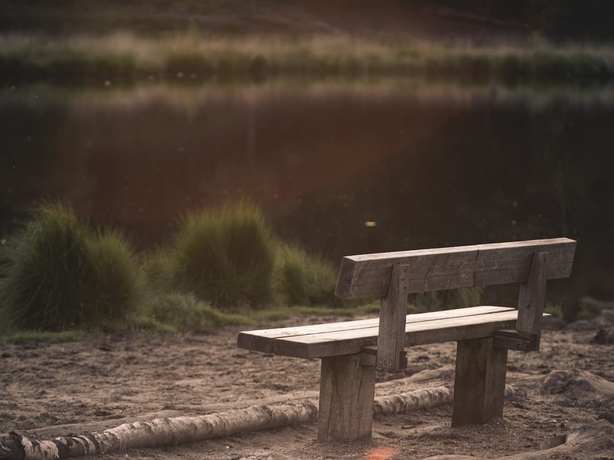 Wooden bench by serene lake at sunset